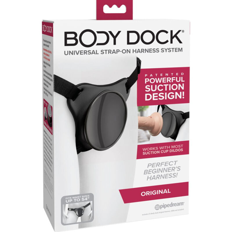 Imbracatura originale Pipedreams Body Dock in pelle nera, con cinghie regolabili e design ergonomico.