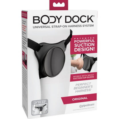 Imbracatura originale Pipedreams Body Dock in pelle nera, con cinghie regolabili e design ergonomico.