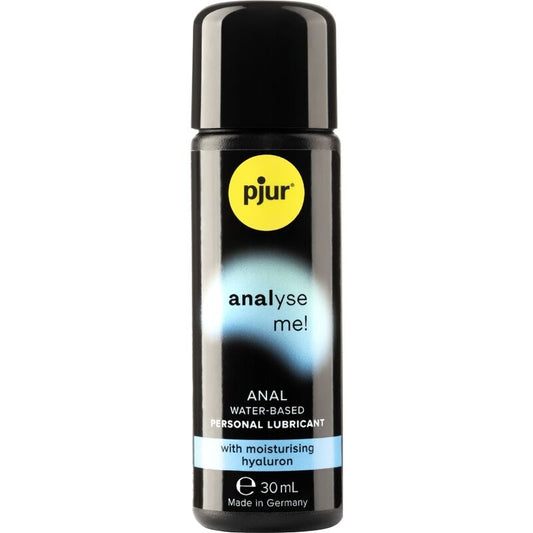 Lubrificante analico a base d'acqua Pjur Analyze Me Anal, bottiglia da 30 ml, dettagli visivi del prodotto.