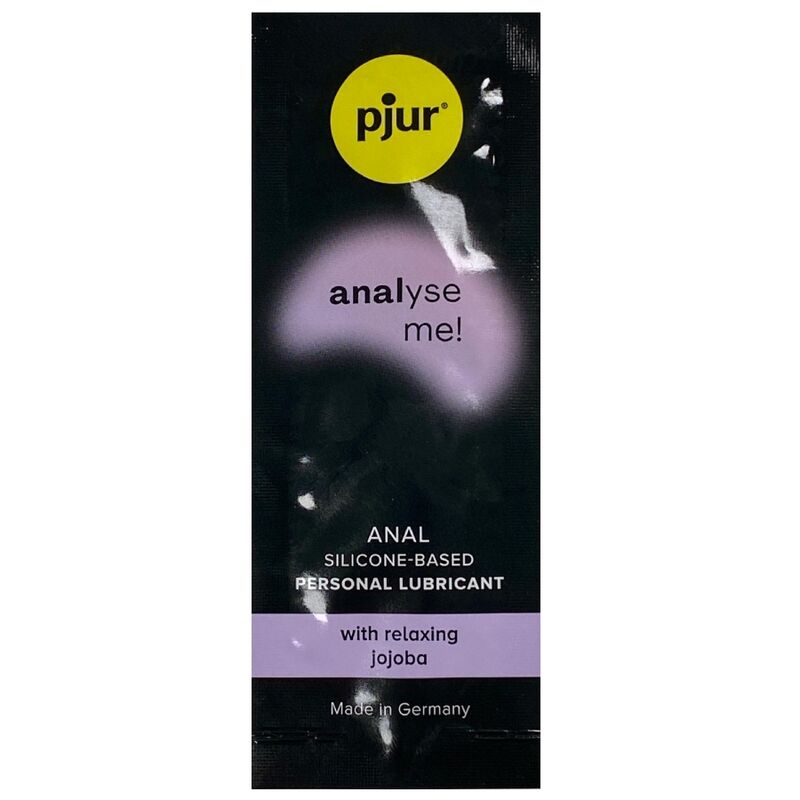 Gel rilassante anale Pjur Analyze Me in confezione da 1,5 ml, con flacone compatto e etichetta con logo Pjur