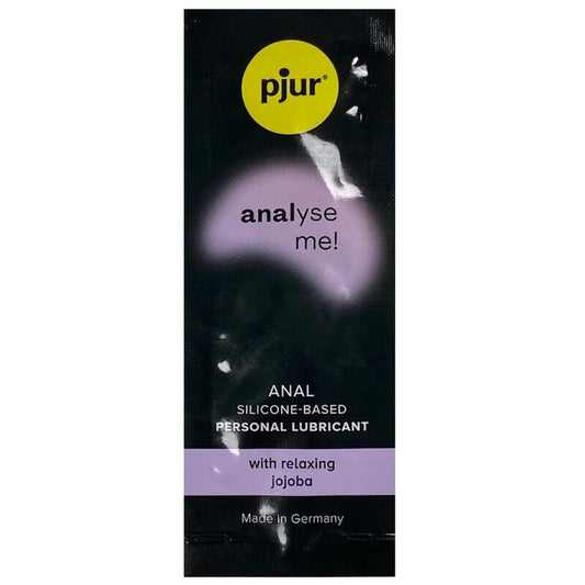 Gel rilassante anale Pjur Analyze Me in confezione da 1,5 ml, con flacone compatto e etichetta con logo Pjur