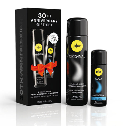 Cofanetto Pjur 30° Anniversario con lubrificante Pjur Original 100 ml e Pjur Aqua 30 ml in regalo, confezione elegante.