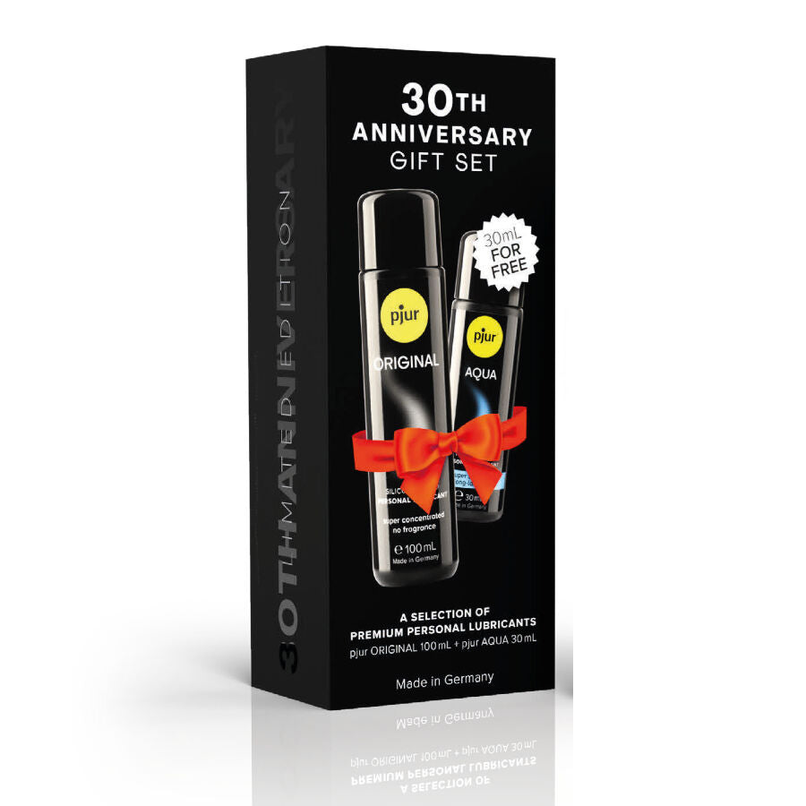 Cofanetto PJUR anniversario con lubrificanti PJUR Original da 100 ml e PJUR Aqua da 30 ml in regalo, confezione elegante