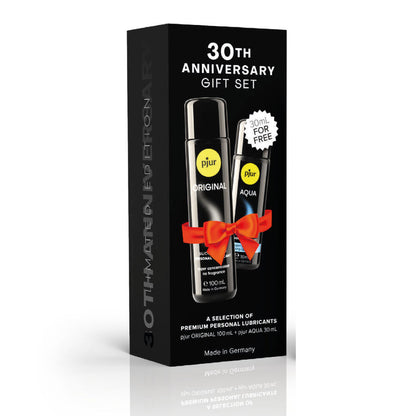 Cofanetto PJUR anniversario con lubrificanti PJUR Original da 100 ml e PJUR Aqua da 30 ml in regalo, confezione elegante