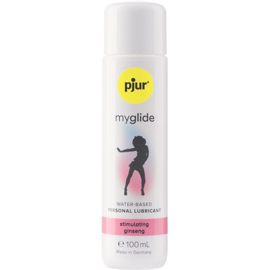 Lubrificante stimolante PJUR MYGLIDE con effetto calore, bottiglia da 100 ml, mostra il flacone con etichetta e dettagli del prodotto.
