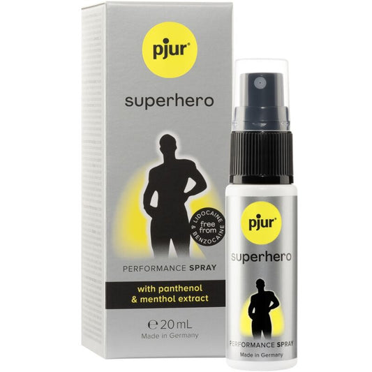 Spray ritardante PJUR Superhero Performance da 20 ml, bottiglia con spray, prodotto per migliorare la durata delle prestazioni.