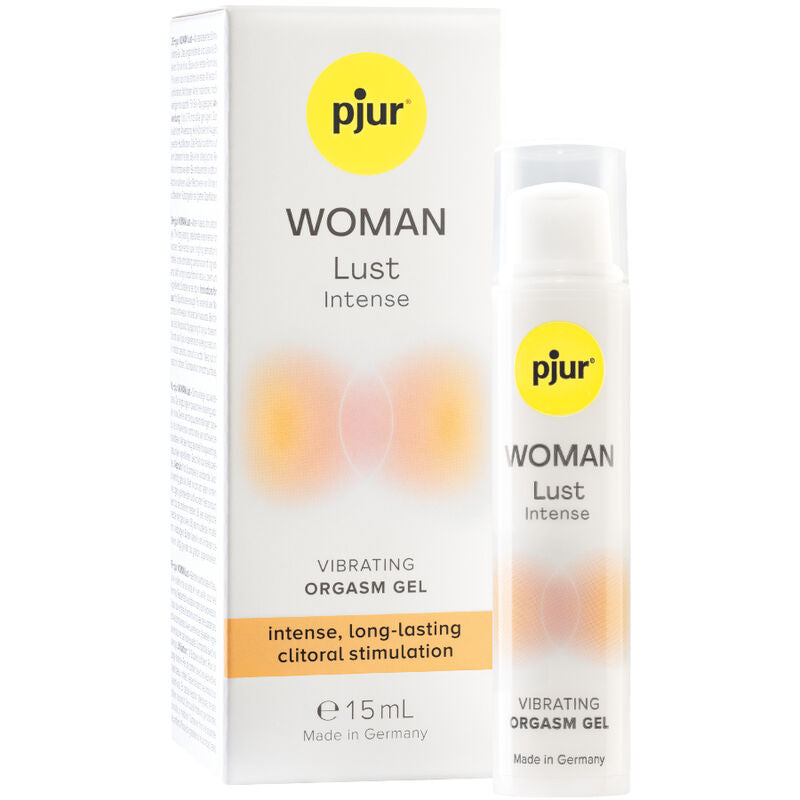 Gel vibrante intensivo PJUR Woman Lust per orgasmo, 15 ml, con applicatore e etichetta del prodotto.