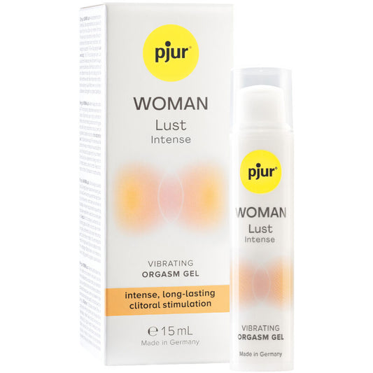 Gel vibrante intensivo PJUR Woman Lust per orgasmo, 15 ml, con applicatore e etichetta del prodotto.