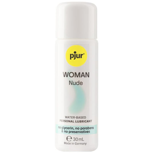 Lubrificante a base acqua Pjur Woman Nude in bottiglia da 30 ml, confezione con etichetta bianca e design semplice