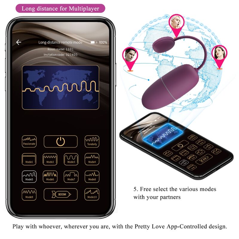 Vibratore a uovo Pretty Love Nymph con controllo tramite app, colore viola, design elegante e funzionale, marchio Pretty Love Bottom