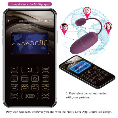 Vibratore a uovo Pretty Love Nymph con controllo tramite app, colore viola, design elegante e funzionale, marchio Pretty Love Bottom
