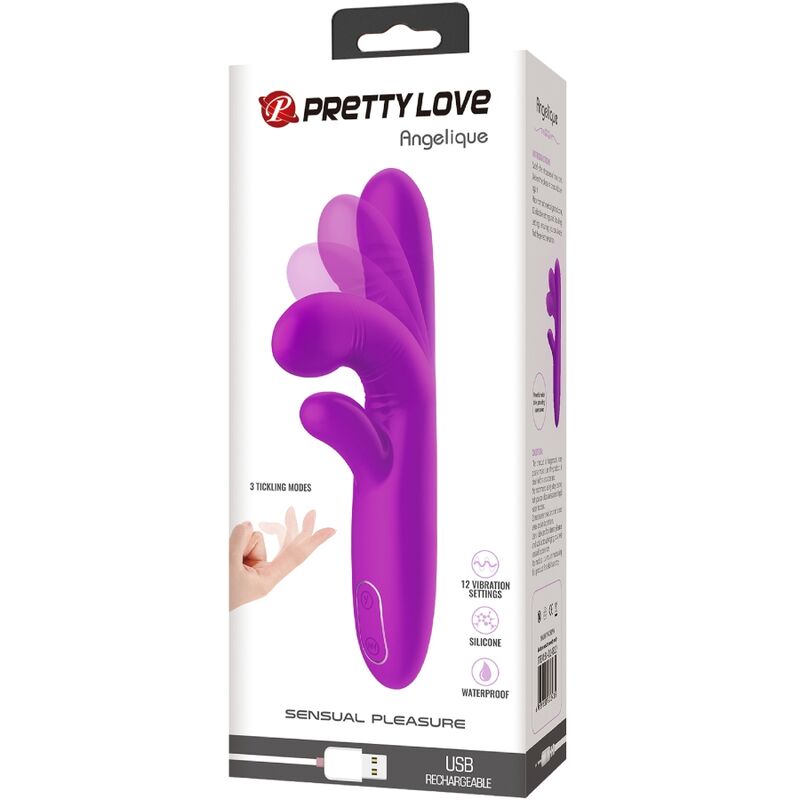 Vibratore multifunzione Pretty Love Angelique con stimolatore clitoride viola, design ergonomico e dettagli colorati.