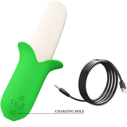 Stimolatore in silicone PRETTY LOVE Banana Knight con 7 vibrazioni, elegante design e superfici morbide, vista dall'immagine.