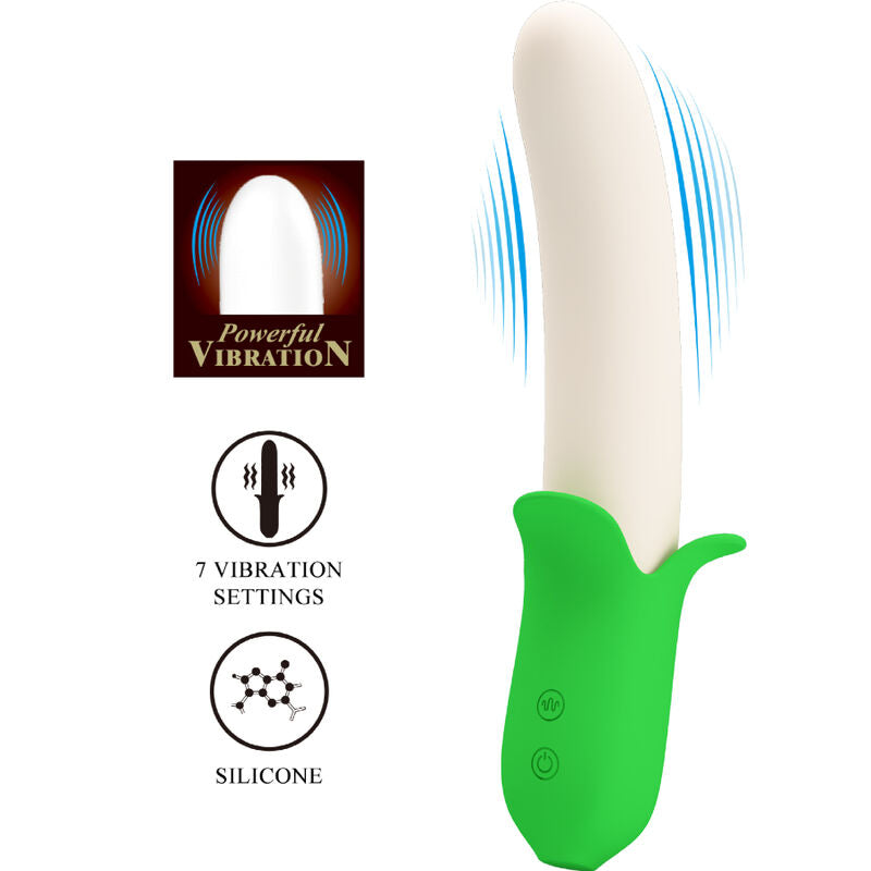 Stimolatore in silicone PRETTY LOVE Banana Knight Super Power con 7 vibrazioni, design a forma di banana, dettagli realistici.