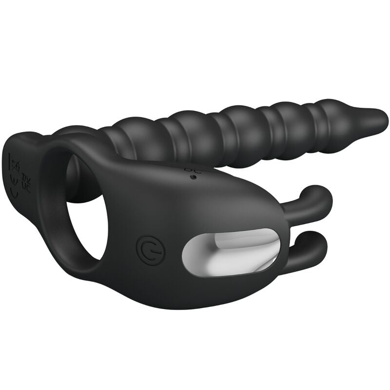 Anello per pene PRETTY LOVE Blackney con spina vibrante, in silicone nero, con dettagli vibranti per stimolazione.