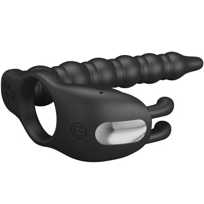 Anello per pene PRETTY LOVE Blackney con spina vibrante, in silicone nero, con dettagli vibranti per stimolazione.