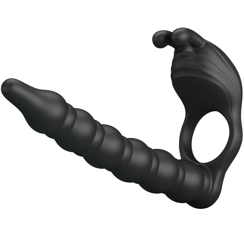 Anelli per pene PRETTY LOVE Blackney con spina vibrante, in silicone nero, dettagliato e realistico, ideale per stimolazione.