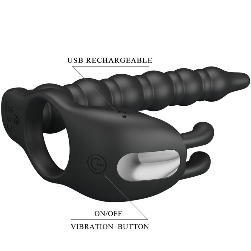 Anello per pene PRETTY LOVE Blackney con spina vibrante, in silicone nero, con dettagli stimolanti e funzione vibrante.