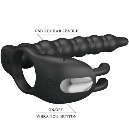 Anello per pene PRETTY LOVE Blackney con spina vibrante, in silicone nero, con dettagli stimolanti e funzione vibrante.