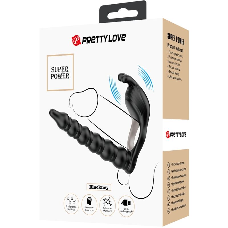 Anello per pene PRETTY LOVE Blackney con spina vibrante, in silicone nero, con dettagli stimolanti e design ergonomico.