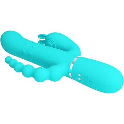 Vibratore multifunzione PRETTY LOVE Cammy 4 in 1, con design triple rabbit blu, visibile in primo piano.