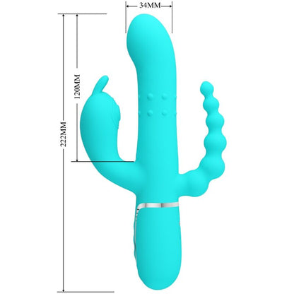Vibratore multifunzione PRETTY LOVE Cammy 4 in 1 con design triple rabbit blu, ideale per stimolazione intensa e versatile.