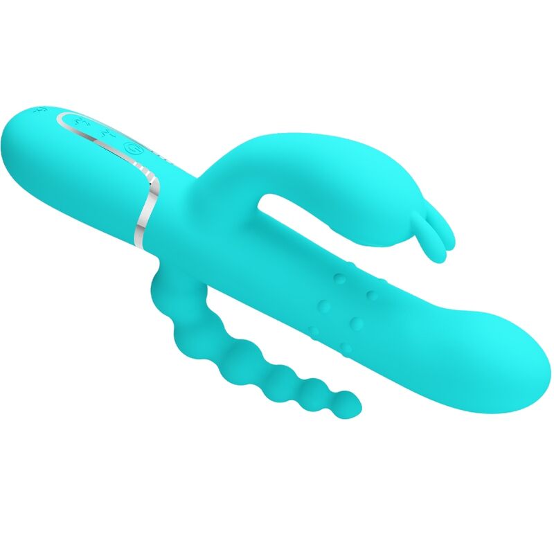 Vibratore multifunzione PRETTY LOVE Cammy 4-in-1 con design triple rabbit blu, ideale per stimolazione versatile e piacevole.