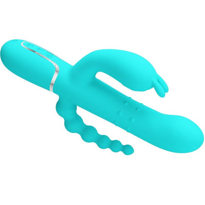 Vibratore multifunzione PRETTY LOVE Cammy 4-in-1 con design triple rabbit blu, ideale per stimolazione versatile e piacevole.