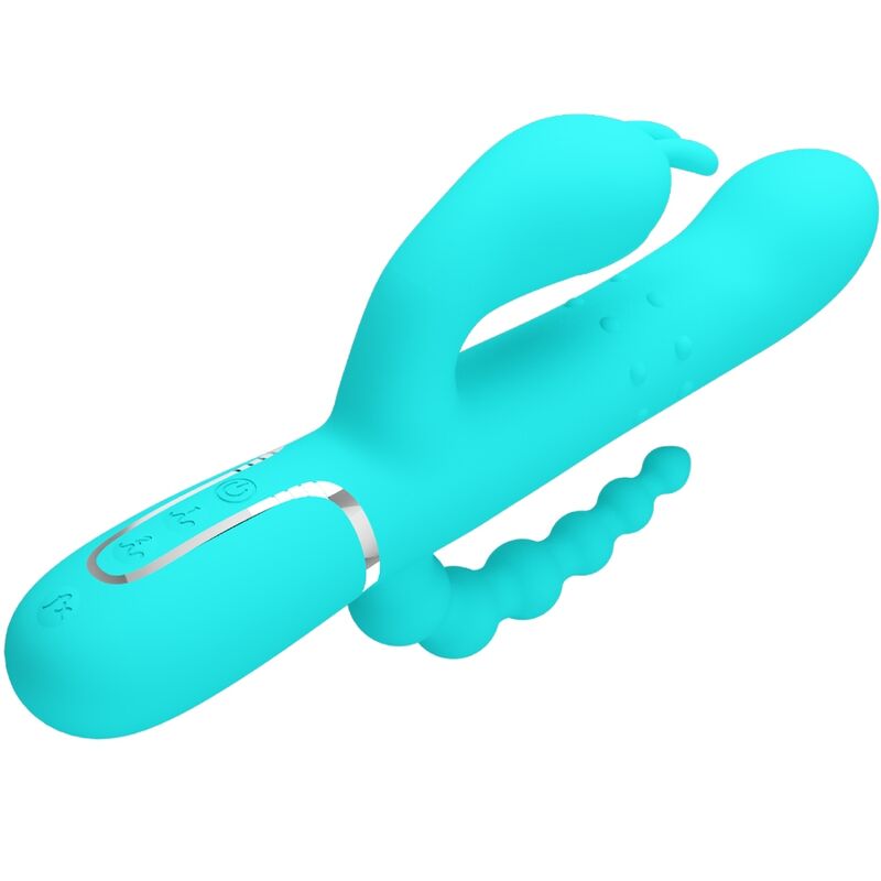 Vibratore multiplo PRETTY LOVE Cammy 4 in 1 con triple rabbit blu, stimolazione versatile e design ergonomico.