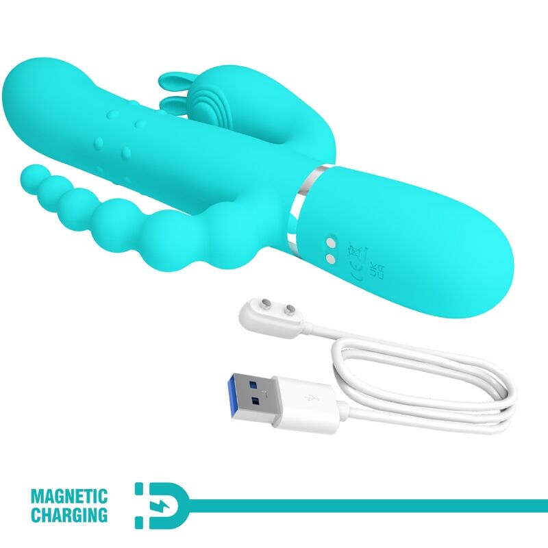 Vibratore multifunzione PRETTY LOVE Cammy 4 in 1 con design triple rabbit blu, dettagli visibili e forma ergonomica.