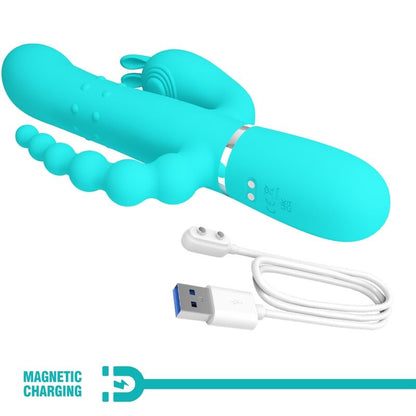Vibratore multifunzione PRETTY LOVE Cammy 4 in 1 con design triple rabbit blu, dettagli visibili e forma ergonomica.