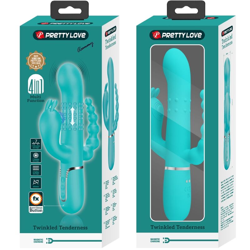 Vibratore multifunzione PRETTY LOVE Cammy 4 in 1 con design triple rabbit blu, ideale per stimolazione e piacere.