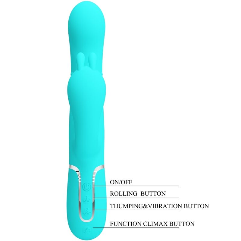 Vibratore multifunzione PRETTY LOVE Cammy 4 in 1, con triple rabbit blu, design ergonomico e dettagli realistici.