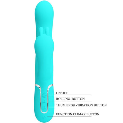 Vibratore multifunzione PRETTY LOVE Cammy 4 in 1, con triple rabbit blu, design ergonomico e dettagli realistici.