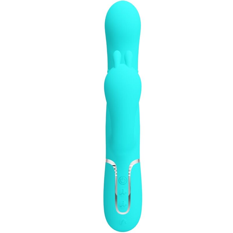 Vibratore multifunzione PRETTY LOVE Cammy 4 in 1 con triple rabbit blu, design ergonomico e dettagli realistici.