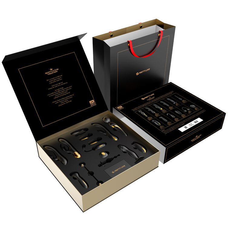 Set di prodotti della collezione di lusso Queen di Pretty Love, eleganti e raffinati, con dettagli decorativi distintivi.