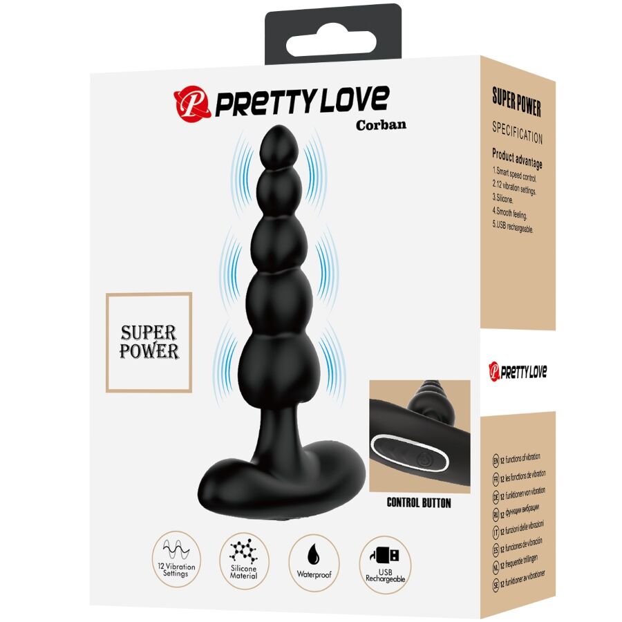 Vibratore anale nero PRETTY LOVE Corban con 10 modalità di vibrazione, design elegante e dettagli realistici.