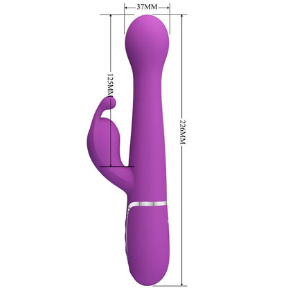 Vibratore coniglio viola PRETTY LOVE DEJON 3 in 1, multifunzione, design ergonomico e dettagli colorati, primo piano.