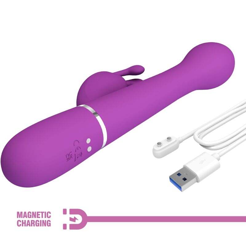 Vibratore coniglio viola PRETTY LOVE Dejon 3 in 1, multifunzione, design ergonomico e dettagli colorati.