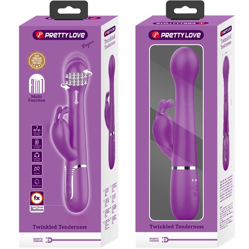 Vibratore coniglio viola PRETTY LOVE Dejon 3 in 1, dispositivo multifunzione per piacere e stimolazione.