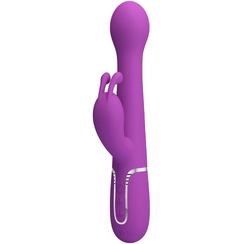 Vibratore coniglio viola PRETTY LOVE DEJON 3 in 1, multifunzione, design elegante e dettagli colorati.