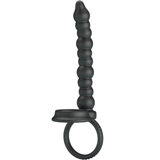 Anello per il pene PRETTY LOVE Dillion nero con doppia penetrazione, mostra i dettagli in silicone e il design avvolgente.