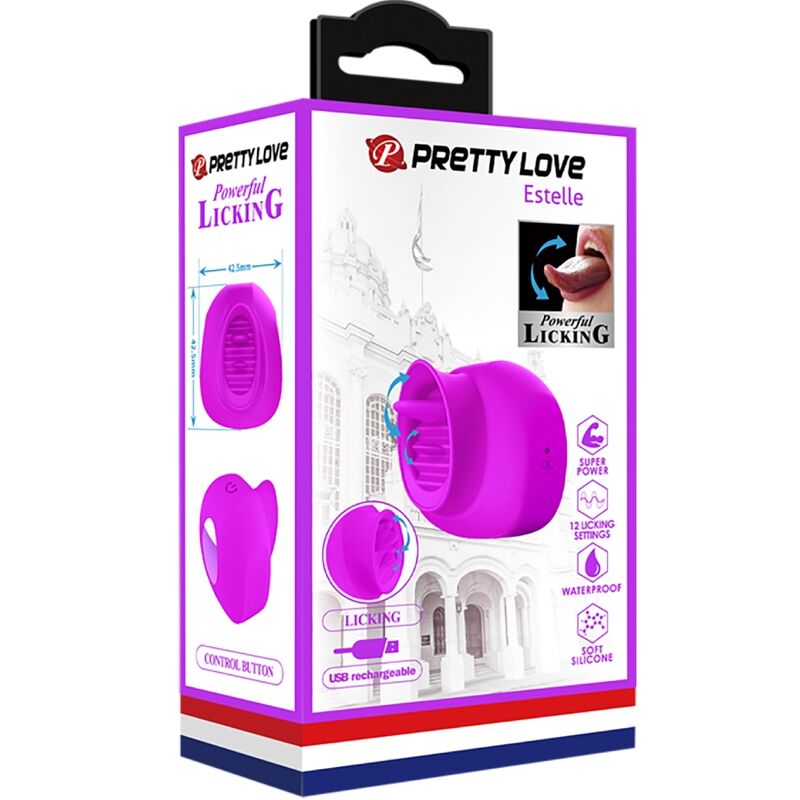 Stimolatore clitoride Pretty Love Estelle con lingua e 12 vibrazioni, colore viola, design ergonomico e dettagliate caratteristiche.