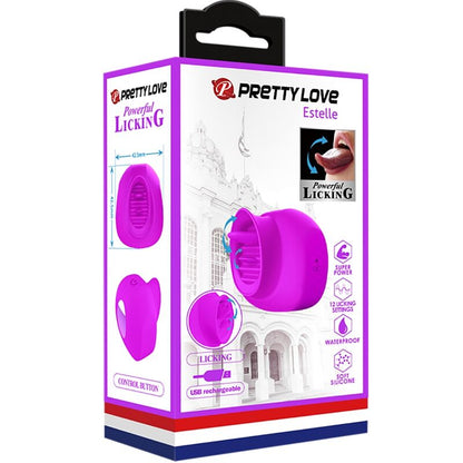 Stimolatore clitoride Pretty Love Estelle con lingua e 12 vibrazioni, colore viola, design ergonomico e dettagliate caratteristiche.
