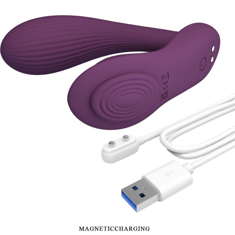 Massaggiatore e vibrotore PRETTY LOVE Franz in colore viola, con telecomando e app gratuita, visibile con dettagli di pulsanti e design.