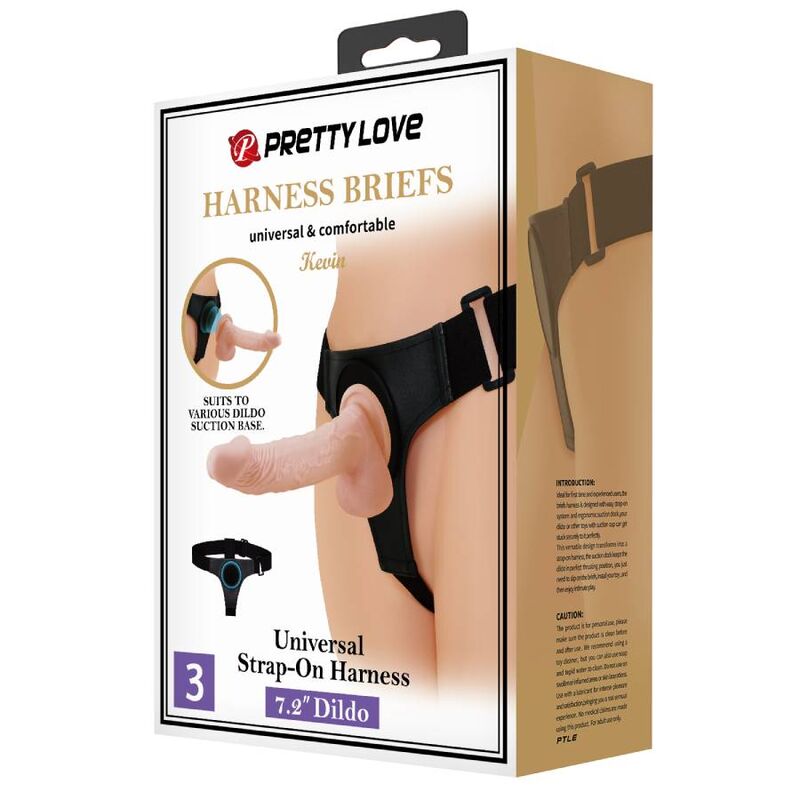 Imbragatura slip universale PRETTY LOVE con dildo Kevin di 19 cm in colore naturale, mostrata in primo piano.