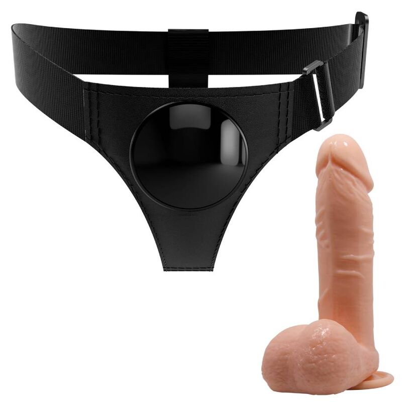 Imbragatura slip universale PRETTY LOVE con dildo Tom di 20 cm colore naturale, dettaglio di lingerie e accessori intimi.