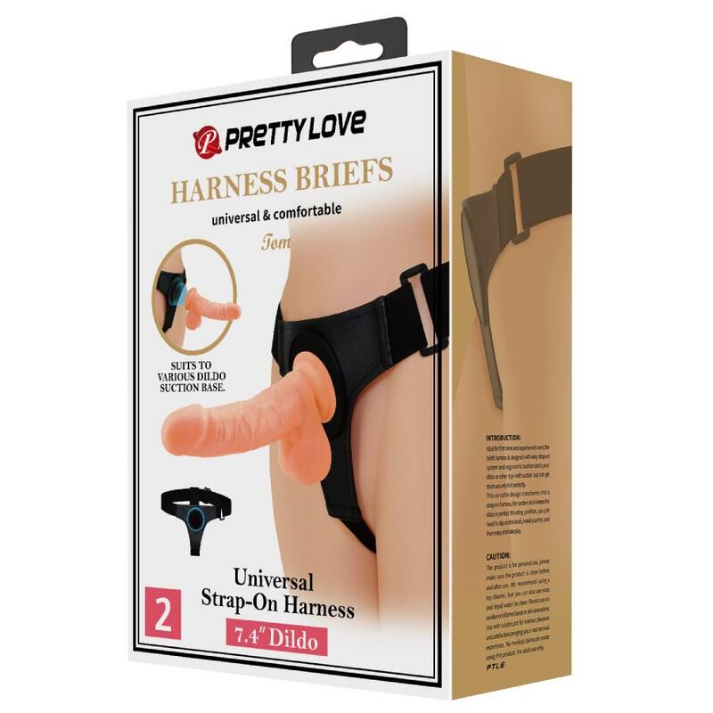 Imbragatura slip universale PRETTY LOVE con dildo Tom da 20 cm in colore naturale, visibile in dettaglio sull'immagine.