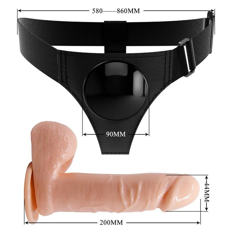 Imbragatura slip universale PRETTY LOVE con dildo Tom da 20 cm, colore naturale, materiale morbido e comodo, visibile in dettaglio.
