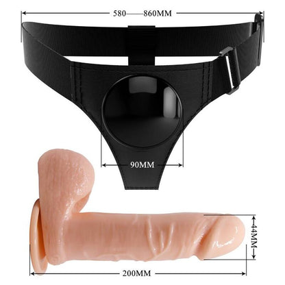 Imbragatura slip universale PRETTY LOVE con dildo Tom da 20 cm, colore naturale, materiale morbido e comodo, visibile in dettaglio.